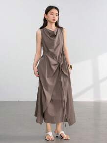 Dazy-Less Vestido de mujer de media pantorrilla con cuello con cordón, botones y diseño de lino de unicolor, estilo antiguo casual, para el verano