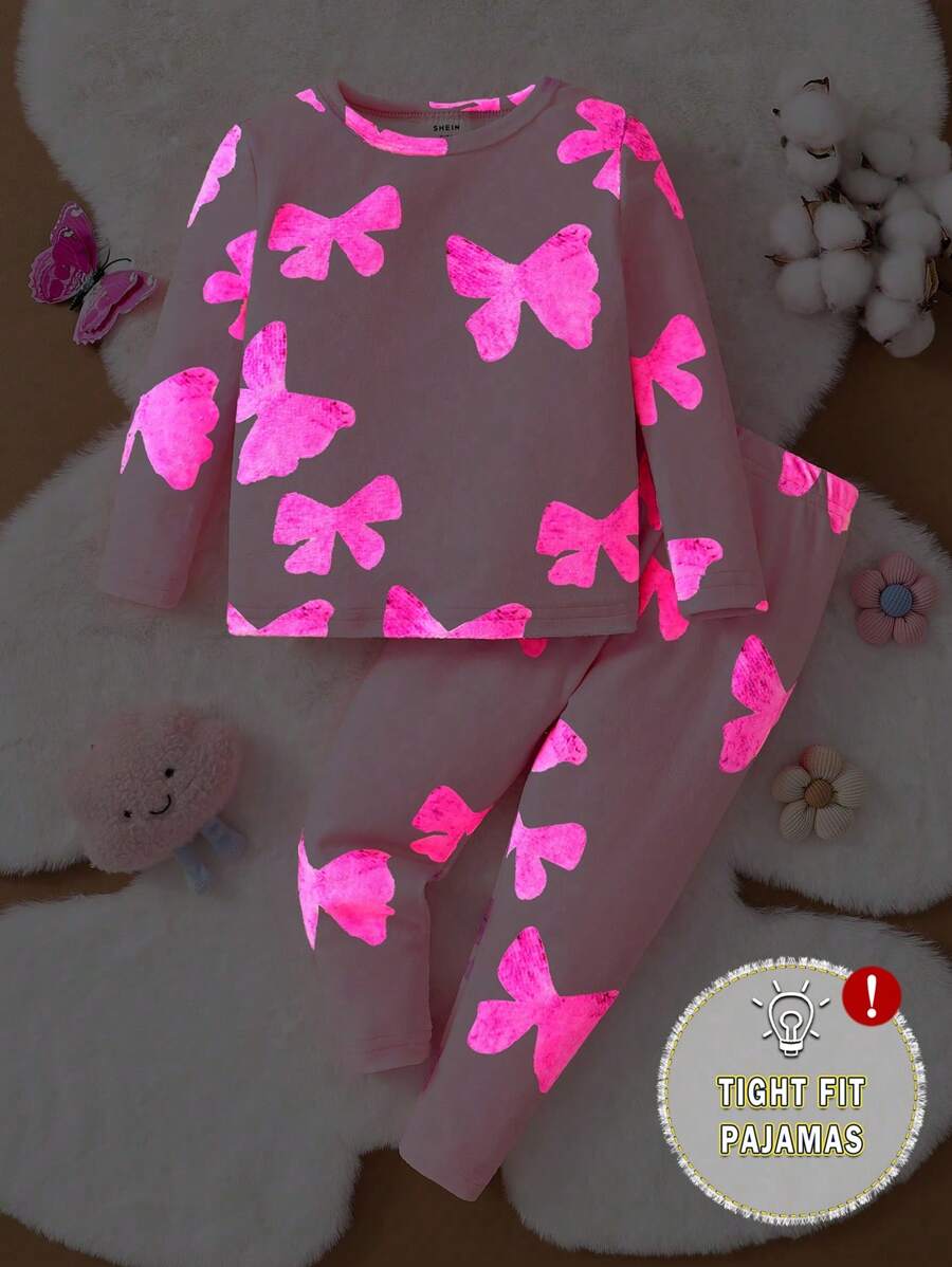 2 件装女婴粉色简约蝴蝶结印花长袖上衣和裤子睡衣套装 - 粉色 - 查看 1