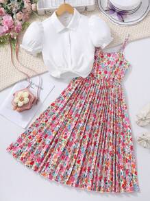 2 件套青少年女孩衬衫和碎花褶皱乡村风格连衣裙，夏季、假日、夏季、旅行 - 紅色 - 查看 1