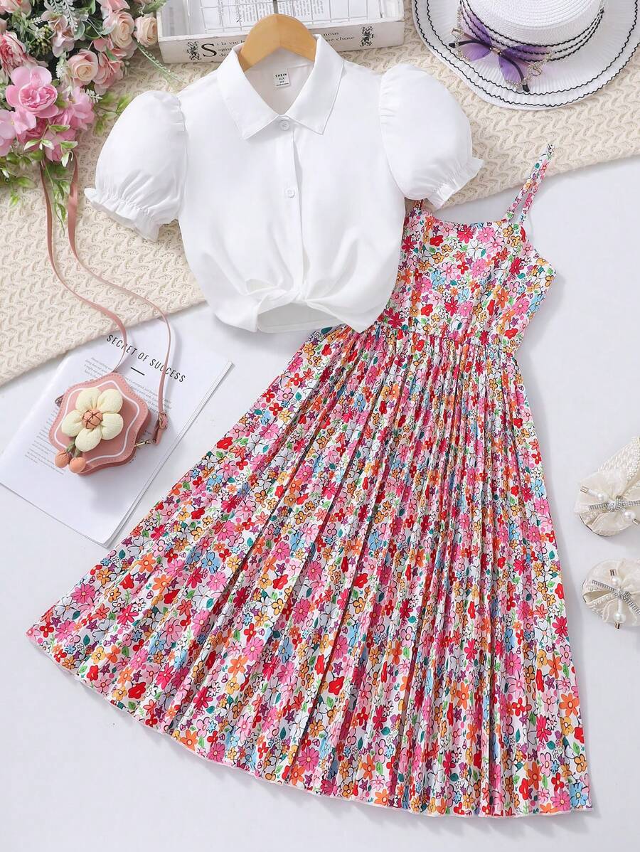 2 件套青少年女孩衬衫和碎花褶皱乡村风格连衣裙，夏季、假日、夏季、旅行 - 紅色 - 查看 1