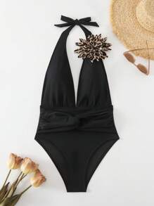 Swim Vcay Women's Sexy Deep V Neck Casual Twist Black Knitted Holiday One-Piece Swimsuit - Black - View 1