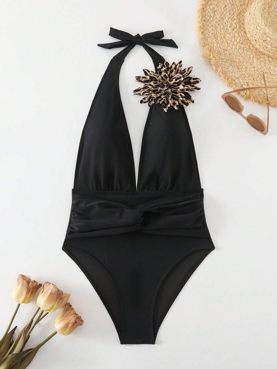 Swim Vcay Women's Sexy Deep V Neck Casual Twist Black Knitted Holiday One-Piece Swimsuit - Black - View 1