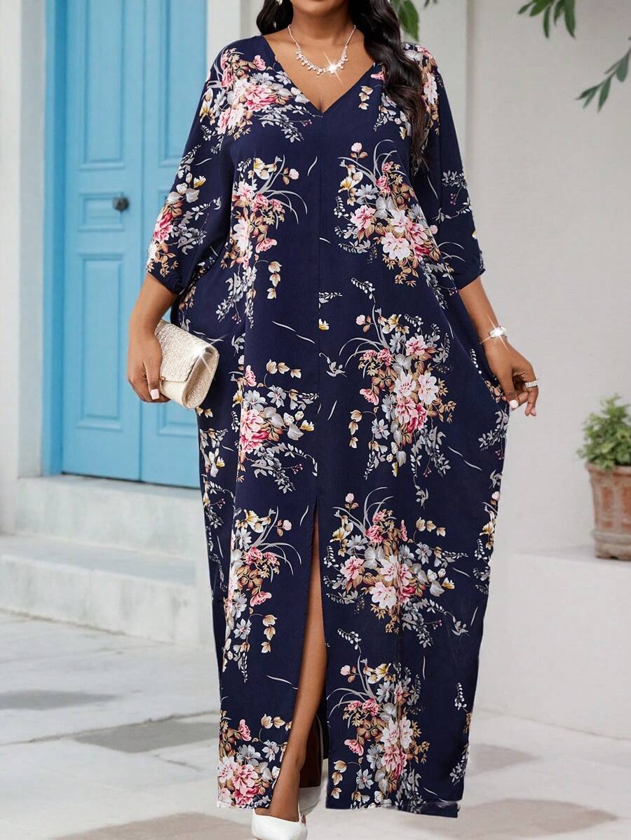 SHEIN Lady 春夏秋冬优雅海军蓝编织缺口长袍连衣裙大码连衣裙花卉印花连衣裙度假服装春夏优雅黑色编织 V 领短袖束腰外衣衬衫裙大码连衣裙万圣节服装女式长袍