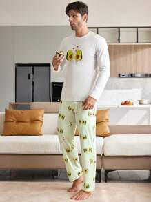 CoupledUp Conjunto de pijama de manga larga y pantalón con estampado de aguacate para hombre