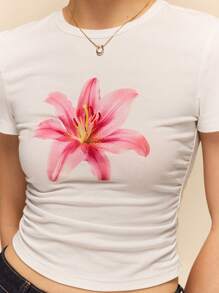 Poéselle Women Floral Print Round Neck Short Sleeve Casual T-Shirt - White - View 2