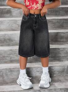 SHEIN Quần Jeans Denim Rộng Rãi Phong Cách Grunge Punk Cho Bé Gái Tuổi Teen Quần Short Dài Có Thiết Kế Thêu Hình Đầu Lâu, Cánh, Dây Leo, Trường Học, Thời Trang Đường Phố - Màu xám đen - Xem 7