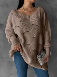 EURMUSE Plus Size Solid V-Neck Long Sleeve Casual Pullover Sweater - Beige - View 1