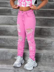 SHEIN Leggings de mezclilla rosa ajustados y rasgados de longitud hasta el tobillo con efecto amontonado, para niñas preadolescentes - Conjunto de ropa para primavera, verano, vacaciones y festivales