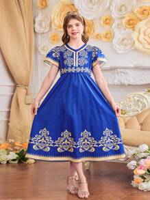Tween Girl Traditional Arabic Clothing Sleeveless Holiday Dress, Gold Pattern Retro Print, Spring/Summer - Blue - View 3