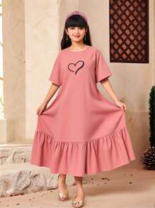 SHEIN Tween Girl Loose Fit Ruffle Hem Heart Embroidery Decor Casual Shift Dress - Pink - View 3
