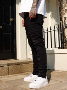 Manfinity LEGND Men's Plain Ripped Casual Denim Jeans, For Everyday Wear - Black - View 7