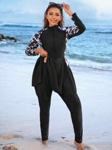 Plus Size Tropical Coconut Tree Print Long Sleeves And Long Pants Burkini Set, For Summer Beach Vacation Arabic Clothing