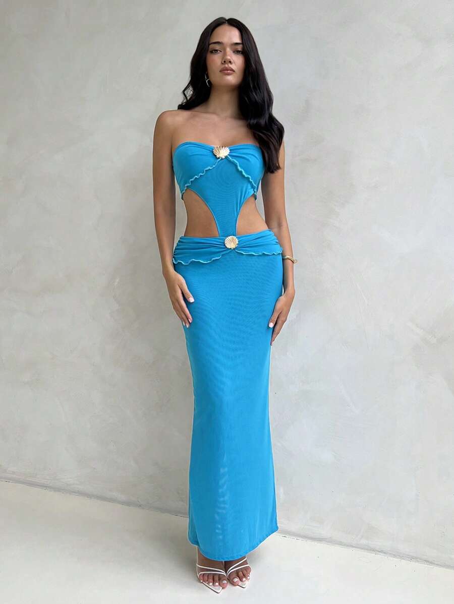 Aloruh Women's Sexy Sheer Hollow-Out Bodycon Beach Long Dress Summer Dresses For Women Beach Outfits For Woman - Blue - View 1