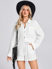 SHEIN LUNE Button Down Collar Blouse And Drawstring Waist Casual Shorts 2 Pieces Set, Elegant Vacation Outfit - White - View 5