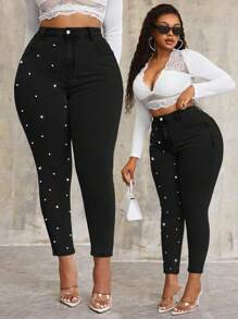 SHEIN SXY Plus Size Stretch Denim Blue Skinny Pants With Pearl Decoration - Black - View 1