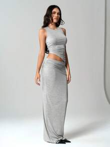 TRNVIE Knitted Elastic Crew Neck Asymmetrical Hem Tank Top & Ruched Bodycon Maxi Skirt Women 2 Pieces Set - Grey - View 6