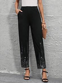 SHEIN LUNE Women's Sequined Digital Print Black Pants - Black - View 6