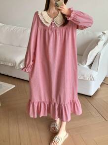 DAZY Jolie chemise de nuit à manches volantées à carreaux avec volants - Rouge - Voir 4