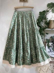 Sunnyshic Plus Size Women's Casual Summer Ditsy Floral Patchwork Lace Trim Hem Skirt, Suitable For Vacation And Party