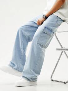 SHEIN Teen Boys' Outdoor Casual Versatile Comfortable Light Washed Blue Cargo Jeans With Elastic Waistband, School, Campus, College