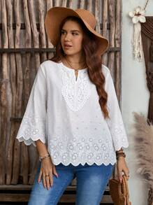 EMERY ROSE Plus Size Plain V-Neck Seashell Hem Casual Shirt,Boho For Women/Summer,Western Wear Women,Vacation Outfits Woman