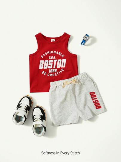 Cozy Pixies 2pcs/Set Baby Boy Letter Graphic Crew Neck Sleeveless Vest And Casual Shorts Set