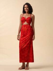 Travachic Vestido sin mangas con espalda abierta y estampado floral rojo para mujer