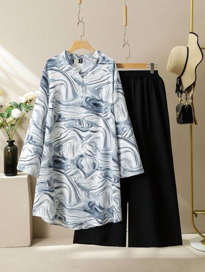 Lacomfia 2 件套 V 领几何线条图案复古大码长袖衬衫和阔腿裤