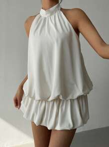 Aloruh 女士纯色立领无袖简约休闲迷你连衣裙 - 杏色 - 查看 5