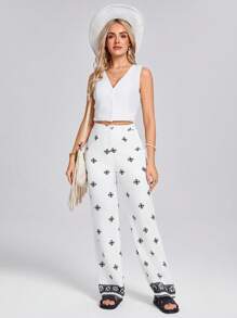 Wildy Women's Bohemian Floral Print Casual Loose Straight Leg Pants, Apricot Color, Suitable For Summer Vacation - Apricot - View 1