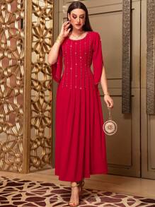 Modelyn Vestido de manga larga con decoración de tulipanes, cintura ceñida y cuentas, apto para fiestas, Ramadán y Eid Al-Fitr