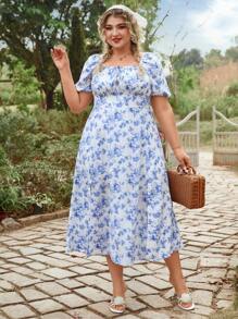 SHEIN VCAY Plus Size Floral Print Lantern Sleeve Square Neck Vacation Dress Sun Dresses Summer Outfits Beach Outfits For Woman Graduation Outfit Brunch Outfits For Women St Patrick Spring Break Rave Outfits Festival Elegant Vacation Outfits Woman Casau Western Cute Boho  Floral Beach Spring Clothes Brunch Outfits For Women Old Money Tropical Vacation Woman Clothes