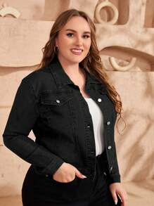 Plus Size Simple Front Button Long Sleeve Pocket Casual Denim Jacket