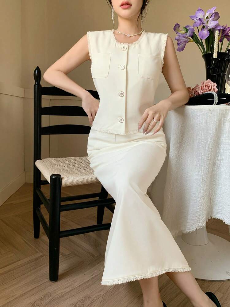 2pcs/Set Women Solid Color Raw Hem Crew Neck Tank Top And Skirt