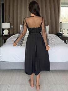 DAZY Women's Polka Dot & Mesh Patchwork Long Sleeve Robe Pajama - Black - View 2