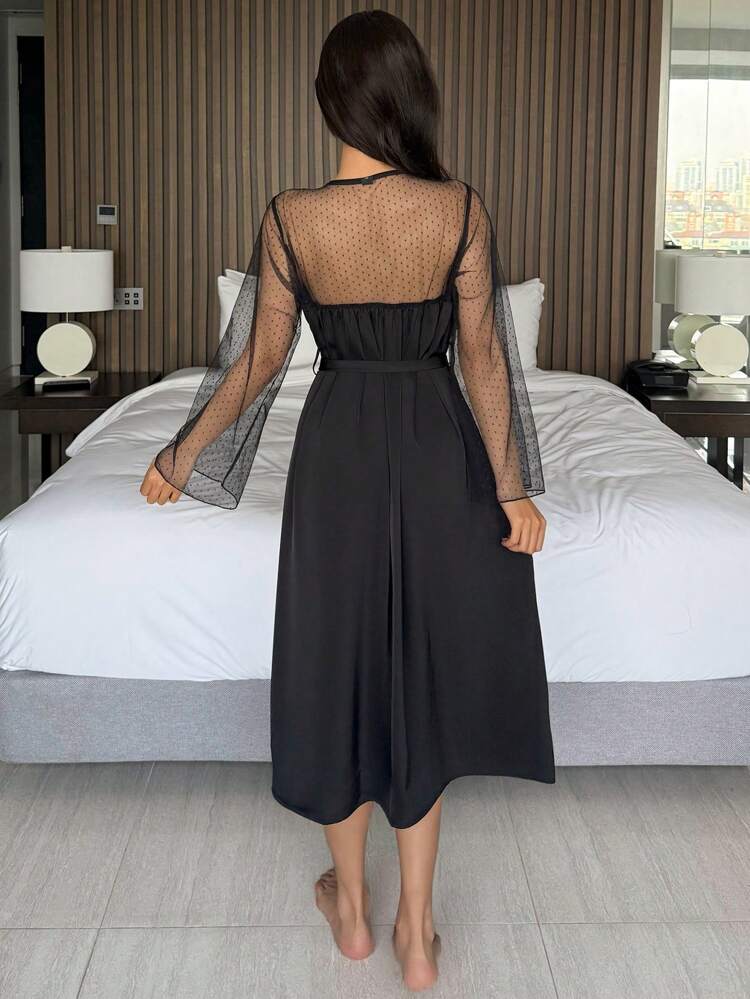 Women's Polka Dot & Mesh Patchwork Long Sleeve Robe Pajama