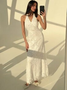 Aloruh 优雅水溶性蕾丝性感深 V 露背修身超长礼服，适合舞会、鸡尾酒会、婚礼 - 白色 - 查看 7