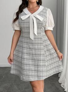Franclia Plus Size Women Fashionable Elegant Fitted V-Neck Bowknot Puff Sleeve Plaid Short Summer Dress