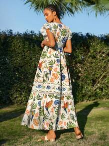 Travachic Women's V-Neck Tropical Floral Print Ruffle Sleeve Casual Vacation Dress,Casual Holiday Wear,Summer Outfits For Women