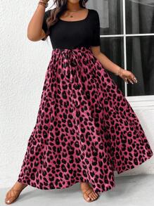 SHEIN Frenchy Plus Size Boho Solid Color Leopard Patchwork Simple Daily Short Sleeve Dress For Women Fall Clothes, For Summer