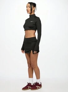 SUMWON WOMEN 运动性能短裙，侧开衩设计，吸湿排汗健身网球高尔夫裙内置短裤高腰跑步训练运动服 - 黑色 - 查看 8