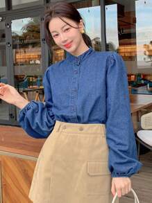 DAZY 女士长袖单排扣牛仔衬衫 - 中等水洗藍 - 查看 6
