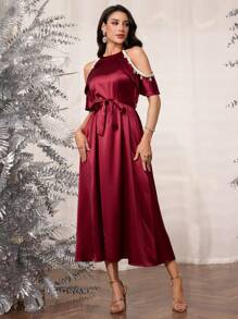 Modelyn Women Elegant Round Neck Off Shoulder Sleeve Splice Decor Belted Waist Dress - Red - View 3