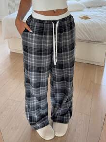 SHEIN EZwear Pantalones largos casuales de estilo sencillo con empalme y cordones en la parte delantera, para uso diario de mujer