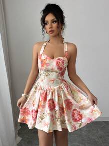 Elenzga 度假乡村春季花卉印花弹性腰部 A 字型优雅浪漫女士连衣裙 - 彩色 - 查看 1