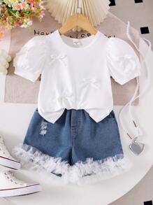SHEIN Young Girl Knitted Short Sleeve Puff Sleeve Top With Pearl Bow Design, Fashion T-Shirt, Denim Shorts, White Mesh Floral Trim, Stylish Summer Outfit