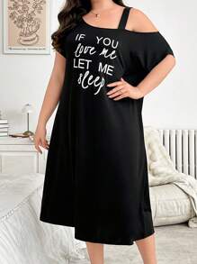 加大码单肩单肩纯色英文文字印花超柔软牛奶丝针织睡袍