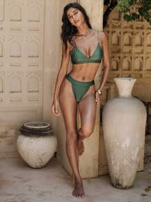 Anewsta Women Holiday Beach Minimalist Bikini Swimwear Set, For Summer Vacation - Dark Green - View 7