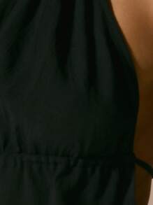 Musera Resort Halterneck Ruched Underbust Floaty Hem Beach Cover Up Cropped Top Vacation Spring Summer Elegant Sexy Ibiza Swim Black