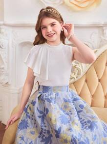 2pcs/Set Tween Girls' Multi-Layer Organza Short Sleeve Blouse + Embroidered Dress Elegant Spring/Summer Outfit - White - View 4